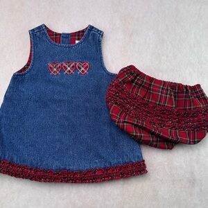 Vintage The Children’s Place Denim Dress with Red Plaid Bloomers  3/6 months